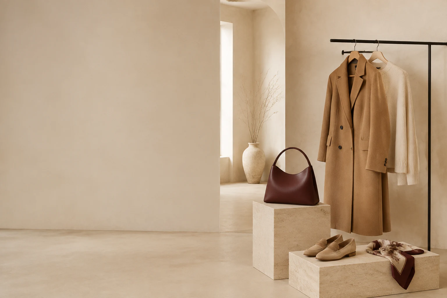 Beige MAKE Studio capsule collection in a minimalist showroom