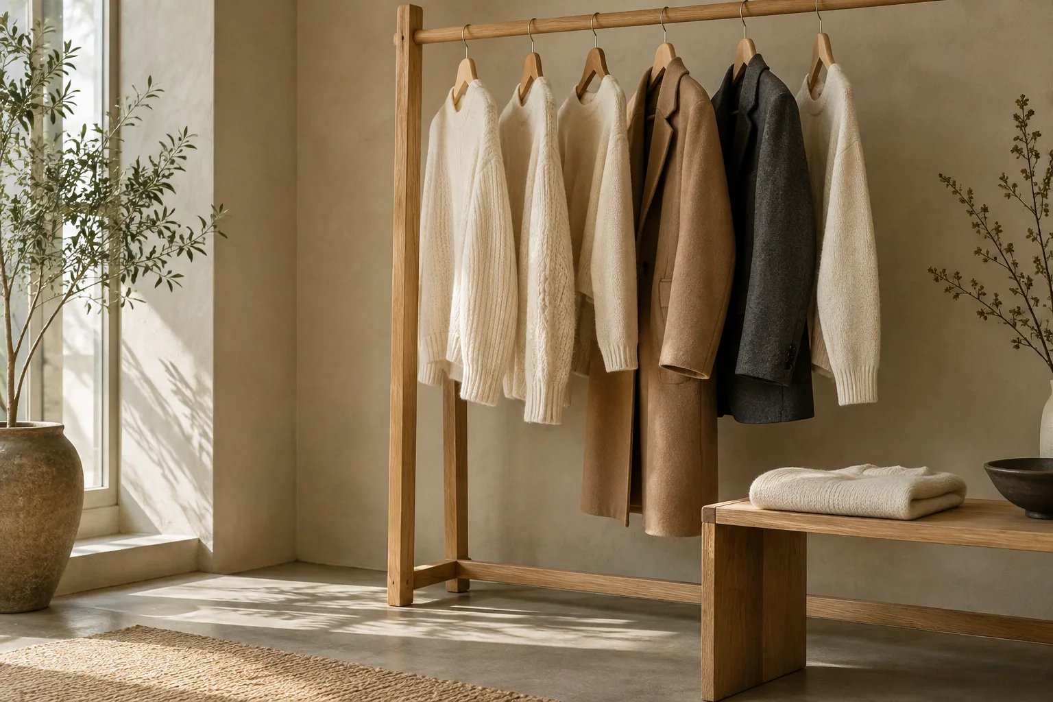 Neutral knitwear and coats on a wooden clothes rail