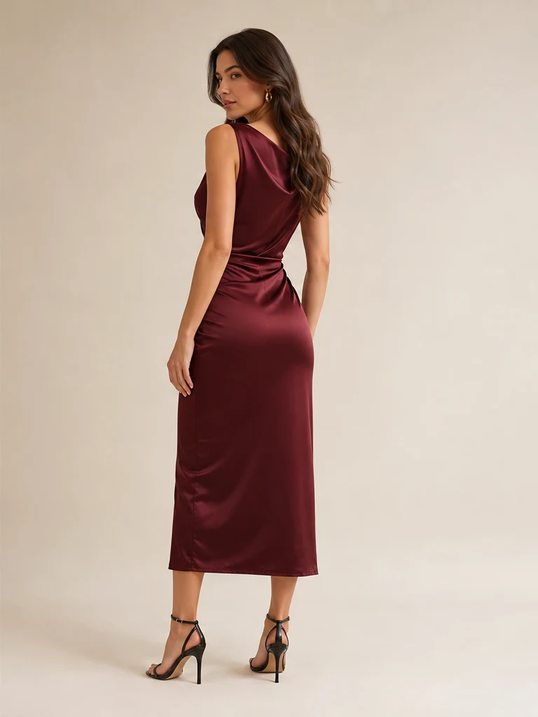 Burgundy Draped Satin Dress