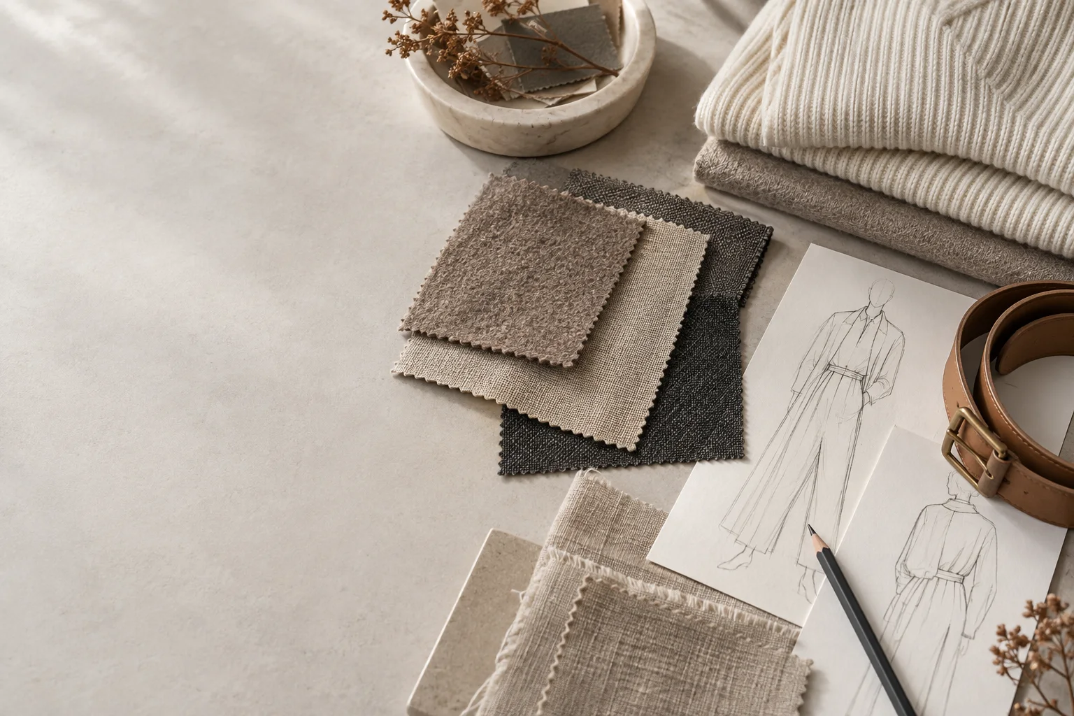 Textile swatches and fashion sketches in warm neutral colours
